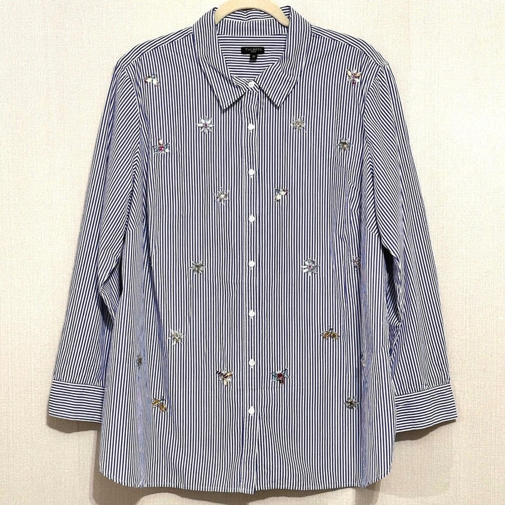 Talbots Blue White Stripe Button Down Shirt Jeweled Bees Flower Womens 2X